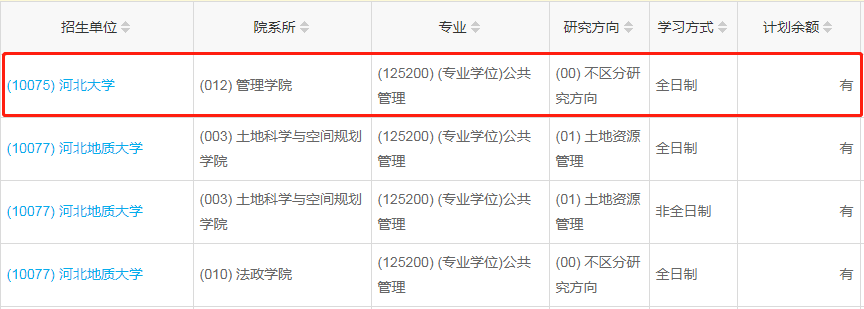河北大學2023年公共管理（MPA）少量調劑指標
